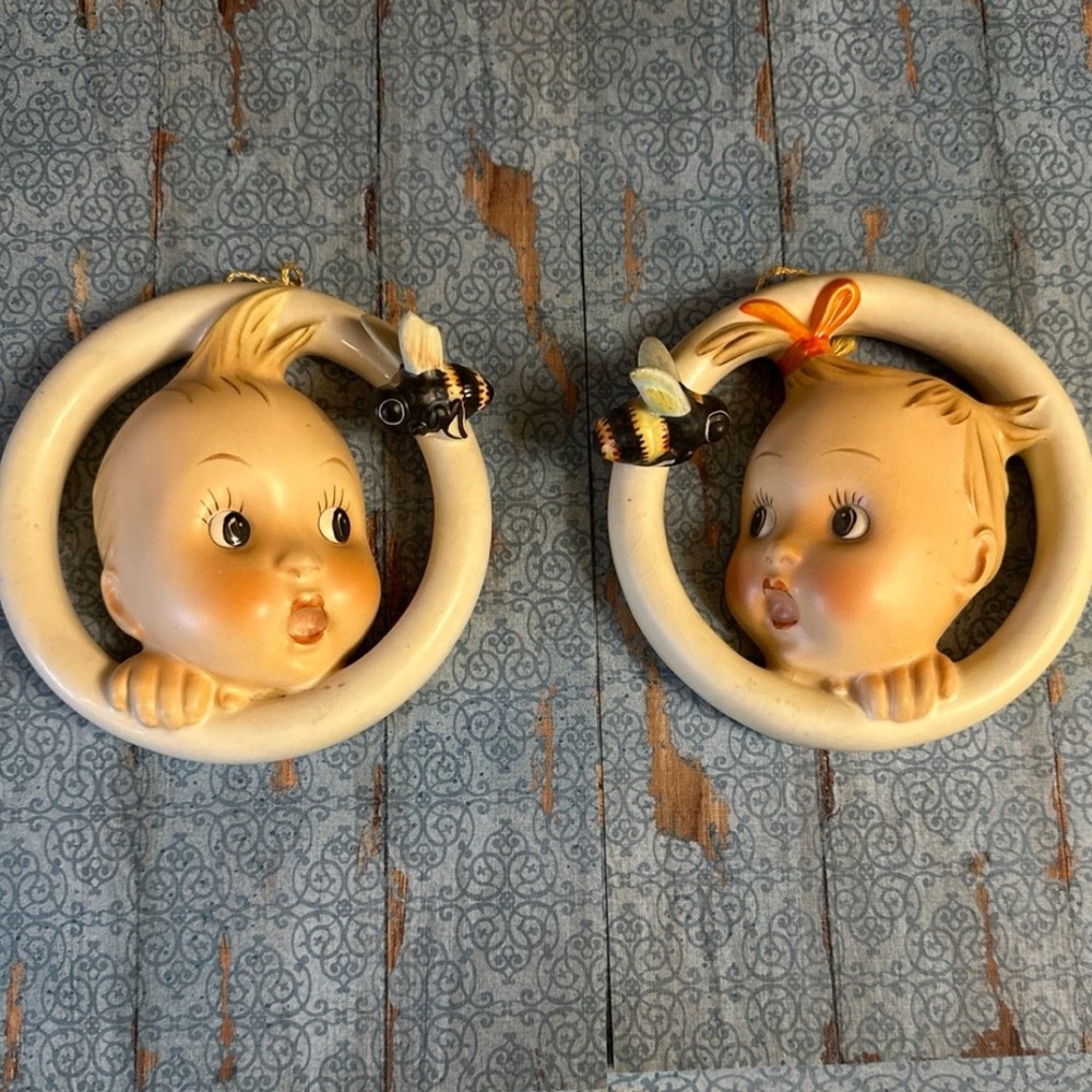 Ba-Bee Ring Baby Boy and Girl Pair / 1930s Chalkware Baby Boy and Girl Figurines
